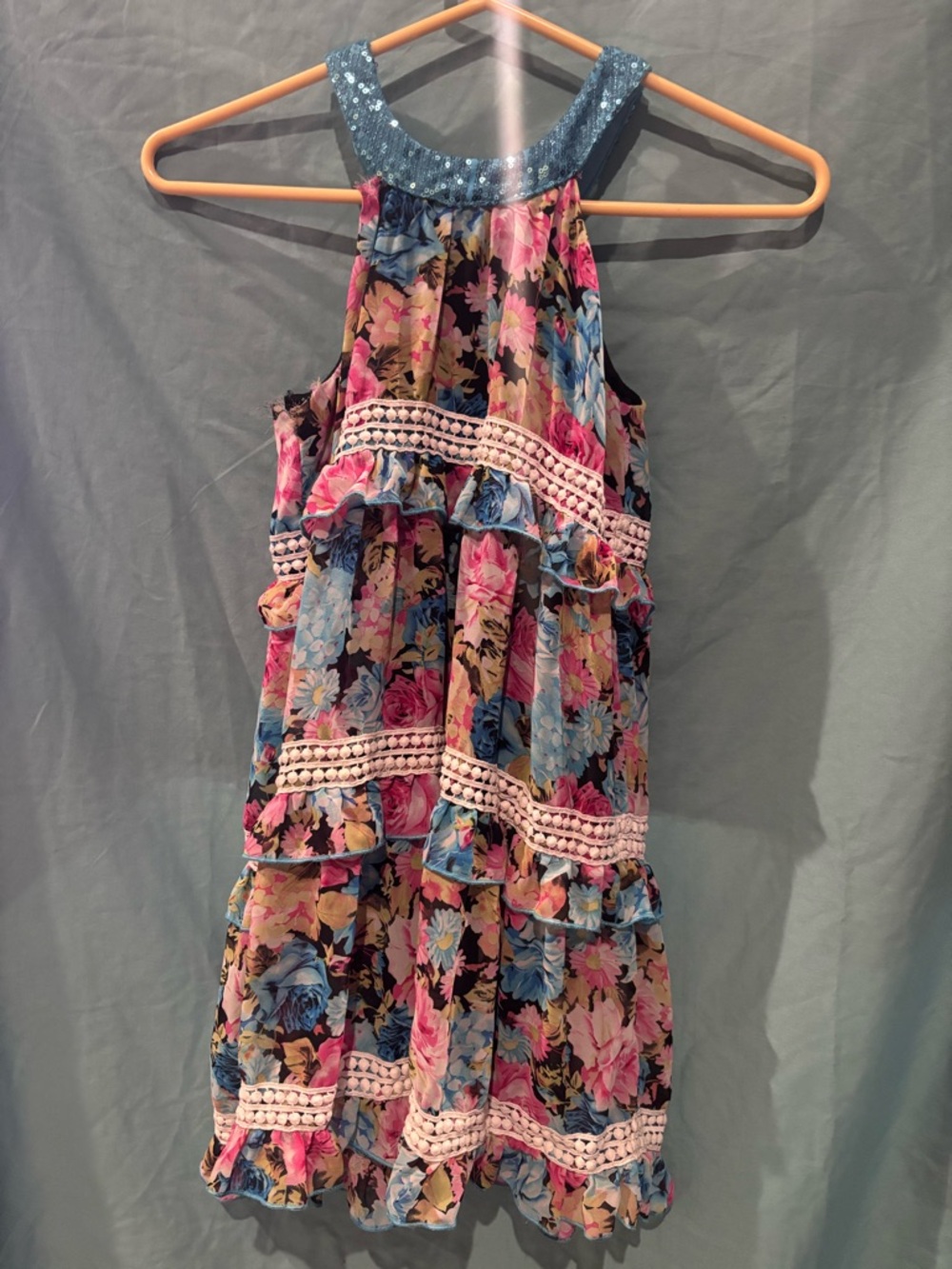 Girls Floral Tiered Summer Dress with Blue Trim (LipStikGirls size 10)